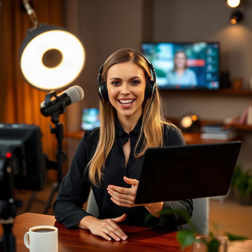 Webinar presenter in a recording studio